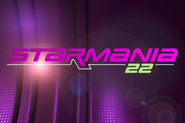 Starmania 22 Casting Helles, futuristisches STARMANIA 22-Logo in kräftigem Pink und Grün auf violettem Hintergrund mit Glitzer, Lichtreflexen und vertikalen, leuchtenden gepunkteten Linien.